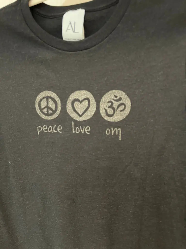 Peace Love Om Relaxed Womens Short Sleeve Tee - Ancient Language Yoga Clothing