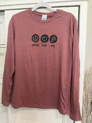 Peace Love Om Long Sleeve Tee - Ancient Language Yoga Clothing