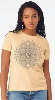 Om Wild Sun Relaxed Womens Short Sleeve Tee - Ancient Language Yoga Clothing