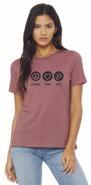 Peace Love Om Relaxed Womens Short Sleeve Tee - Ancient Language Yoga Clothing