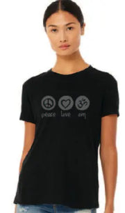 Peace Love Om Relaxed Womens Short Sleeve Tee - Ancient Language Yoga Clothing