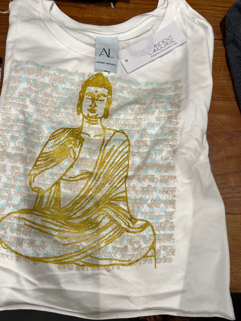 Vintage Buddha Raw Edge Tee Ancient Language Yoga Clothing