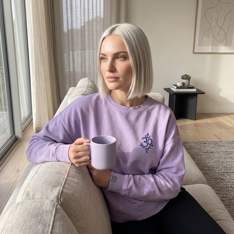 Arriving Soon Swirl Om Embroidered Malibu Women's Crew Sweatshirt in Orchid Lavender