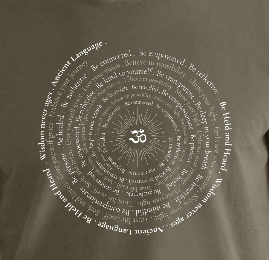 Om Sunburst Spiral Men's Soft Wash Short Sleeve tee in Khaki Green