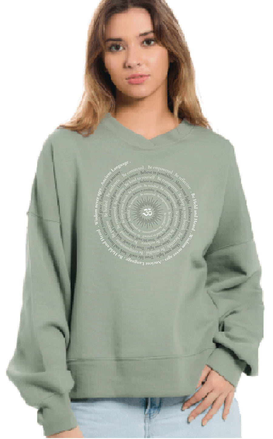 Om Sunburst Spiral Women's Snuggly Fleece Crew in Green Earth Sage