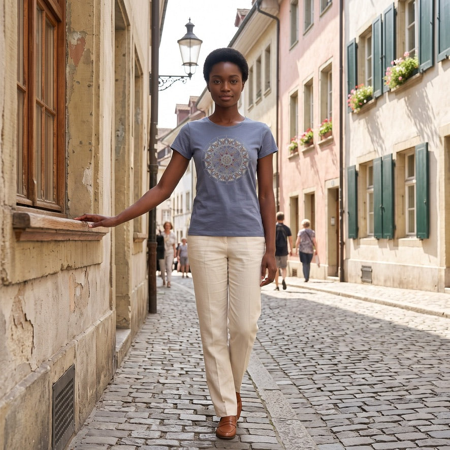 Arriving Soon Mandala Women's Bamboo Organic Cotton Cap Sleeve Tee in Stone Blue