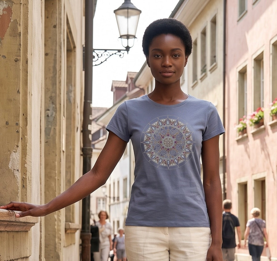 Arriving Soon Mandala Women's Bamboo Organic Cotton Cap Sleeve Tee in Stone Blue