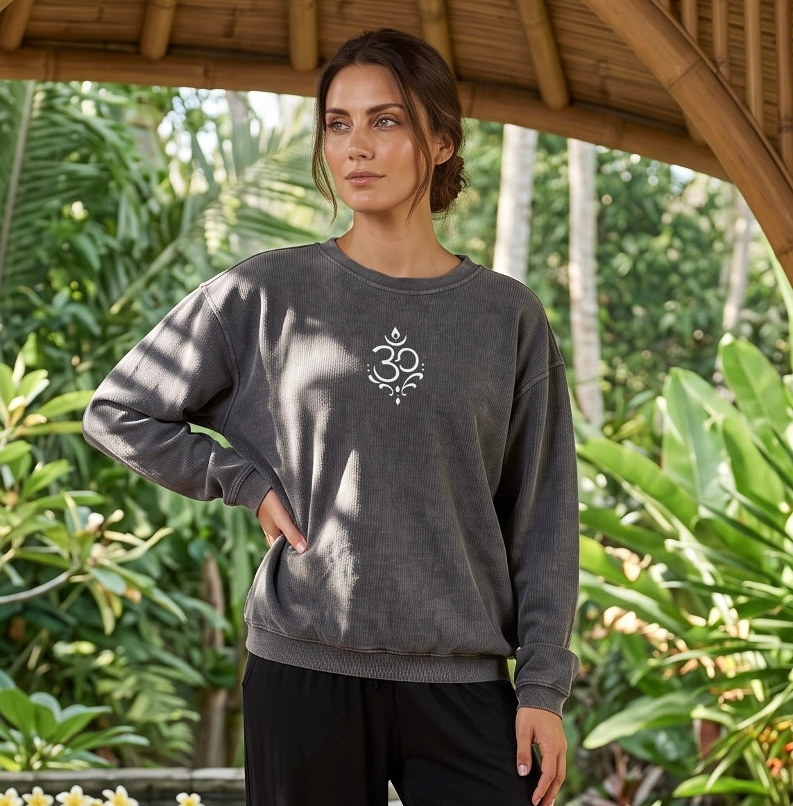 Swirl Om Embroidered Corded Women's 100% Cotton Crew Sweatshirt in Charcoal