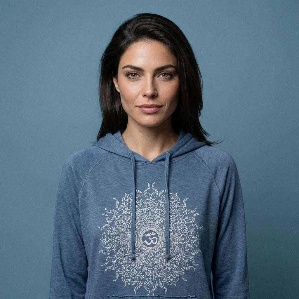Om Wild Sun Women's Vintage Lightweight Hoodie in Chambray Blue