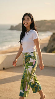 Print Chant Capri Women's Pant in Tropical Green, White, Pink