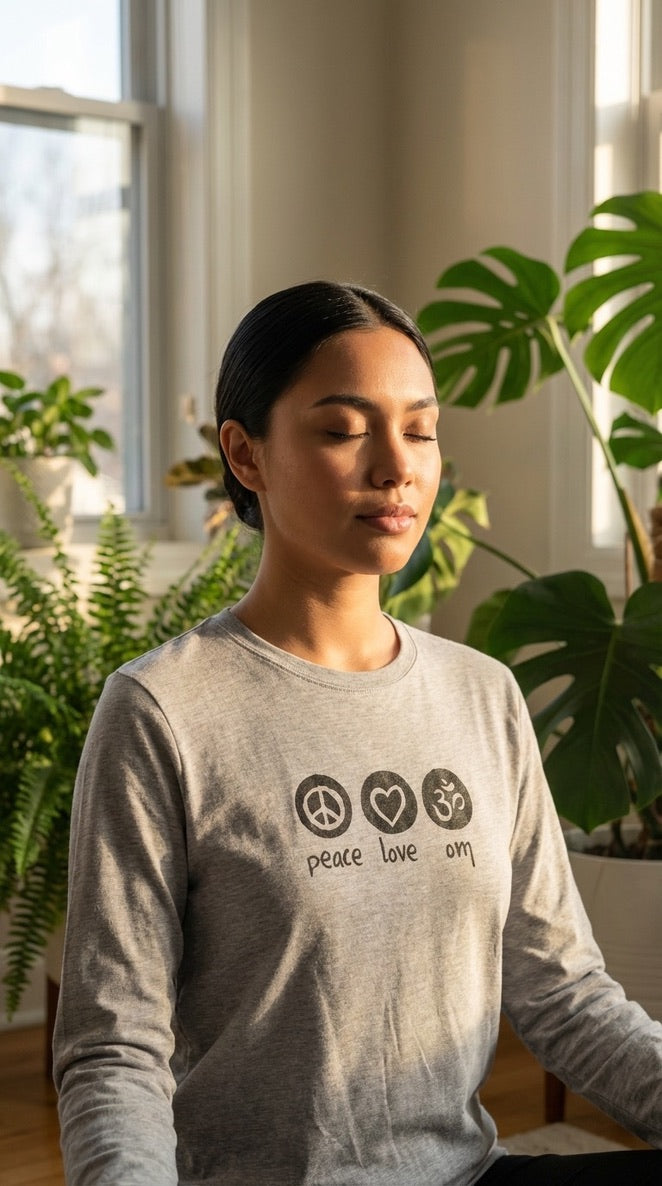 Peace Love Om Long Sleeve Tee in Heather Grey