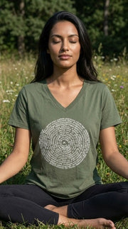 Sanskrit Spiral Women's Cotton V Neck Short Sleeve Tee in Olive