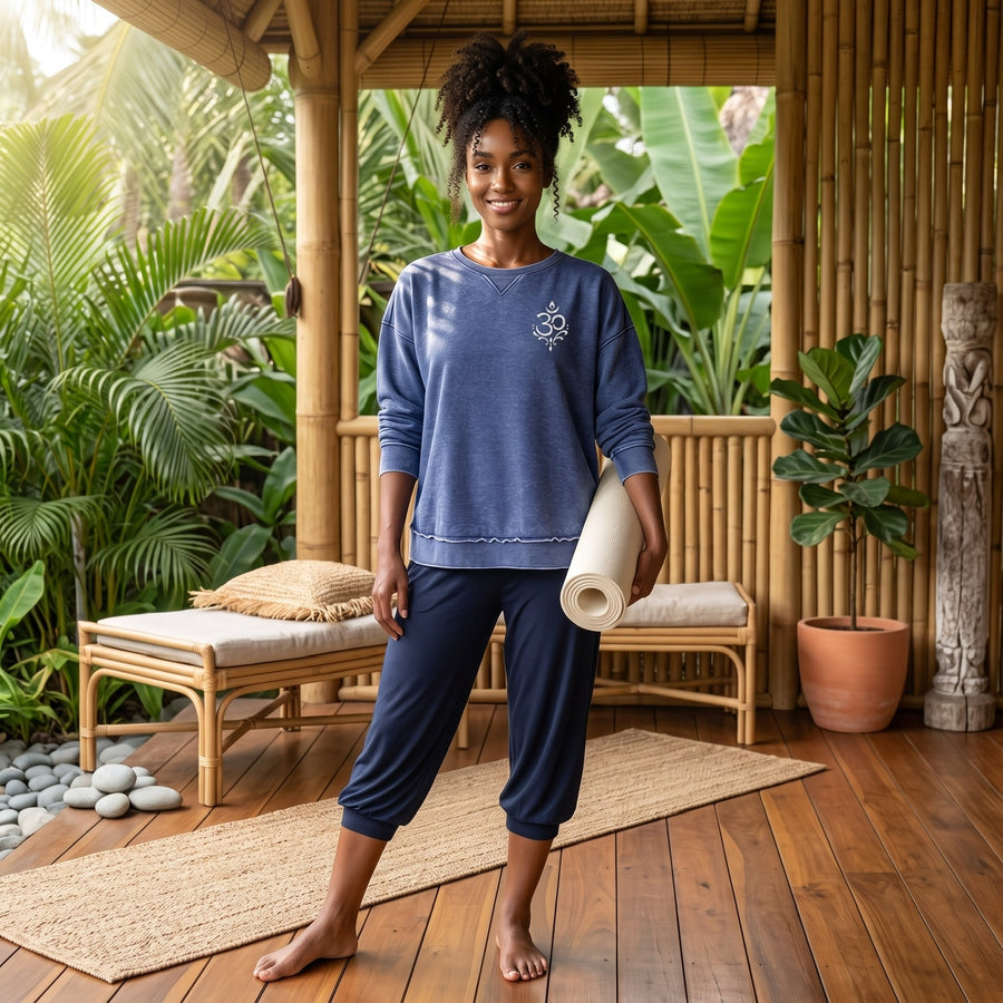 Preorder Swirl Om Embroidered Women's Sweatshirt in Navy Blue