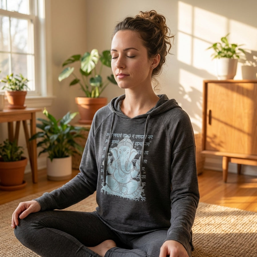 Sanskrit Ganesh Women's Lightweight Hoodie in Vintage Black