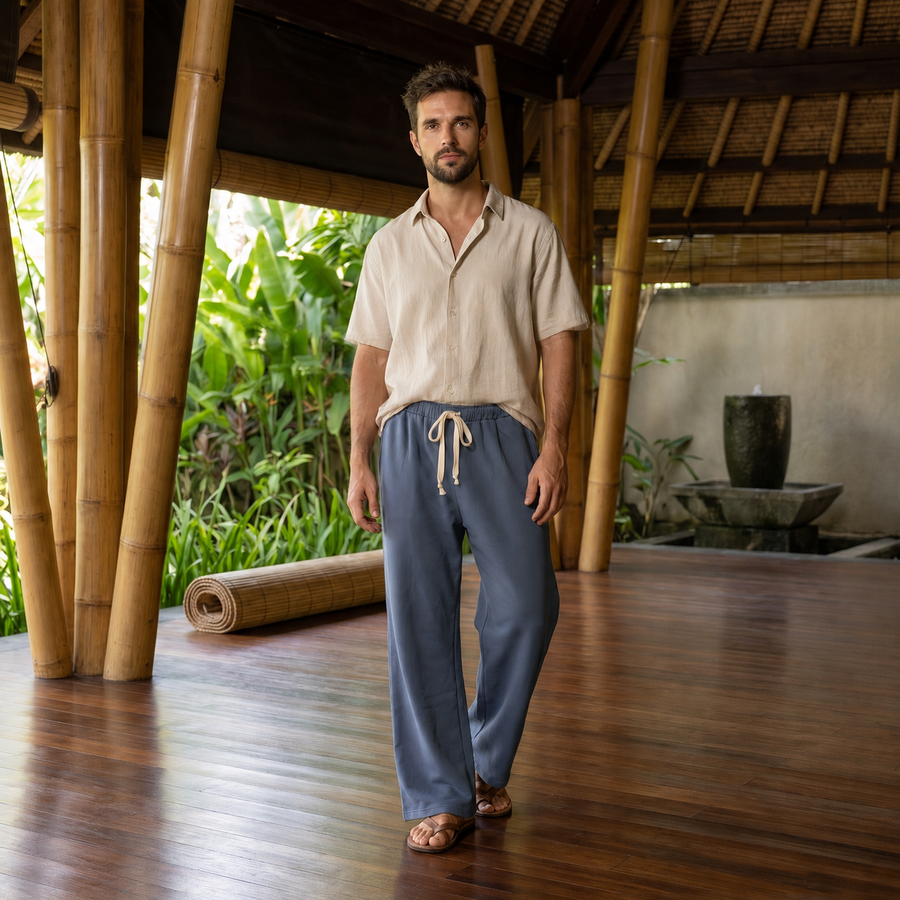Bamboo Organic Cotton Fleece Unisex Om Lounge Pant in Bluebell Denim