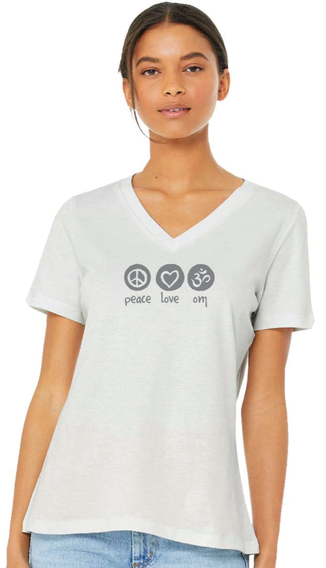 Peace Love Om Relaxed Women's V Neck Short Sleeve Tee In Vintage White