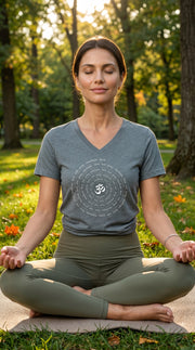 Zen Spiral Relaxed Womens V Neck Short Sleeve Tee in Heather Slate Blue