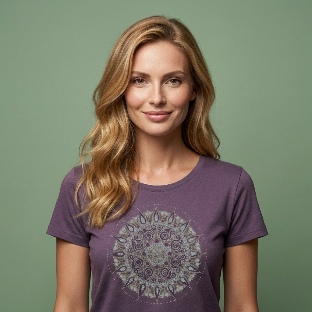 Silver Mandala Women's Bamboo Organic Cotton Cap Sleeve Tee in Dusty Purple