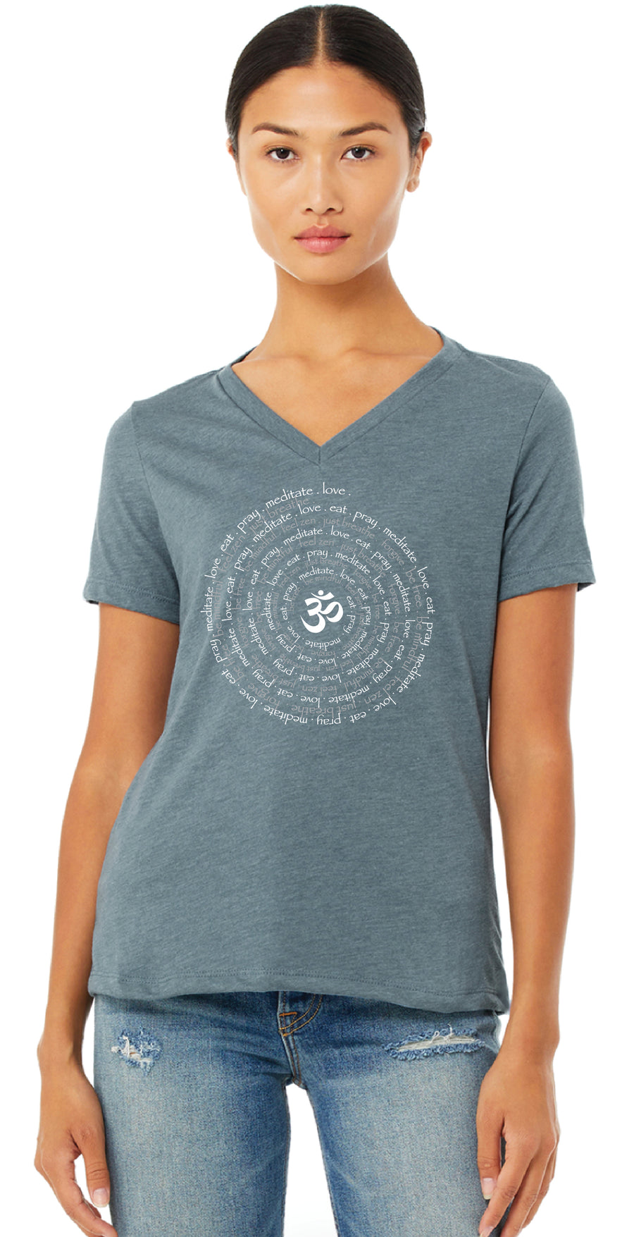 Zen Spiral Relaxed Womens V Neck Short Sleeve Tee in Heather Slate Blue