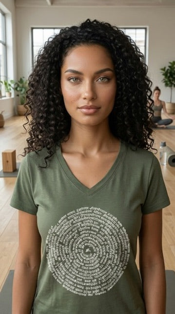 Sanskrit Spiral Women's Cotton V Neck Short Sleeve Tee in Olive