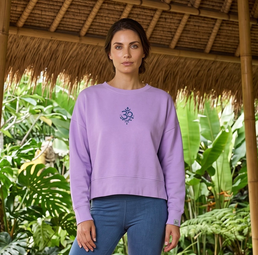 Swirl Om Embroidered Malibu Women's Crew Sweatshirt in Orchid Lavender
