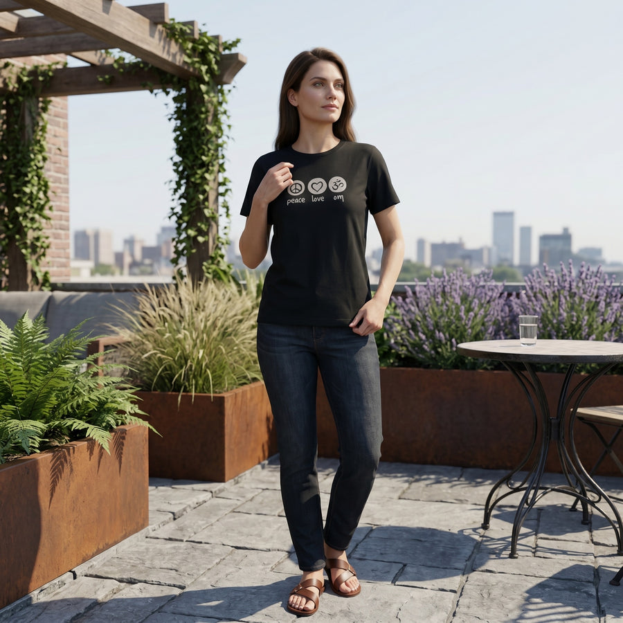 Peace Love Om Relaxed Women's 100% Cotton Short Sleeve Tee In Black