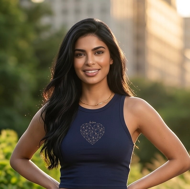 Be Love Diamond Heart Crop Rib Tank in Navy