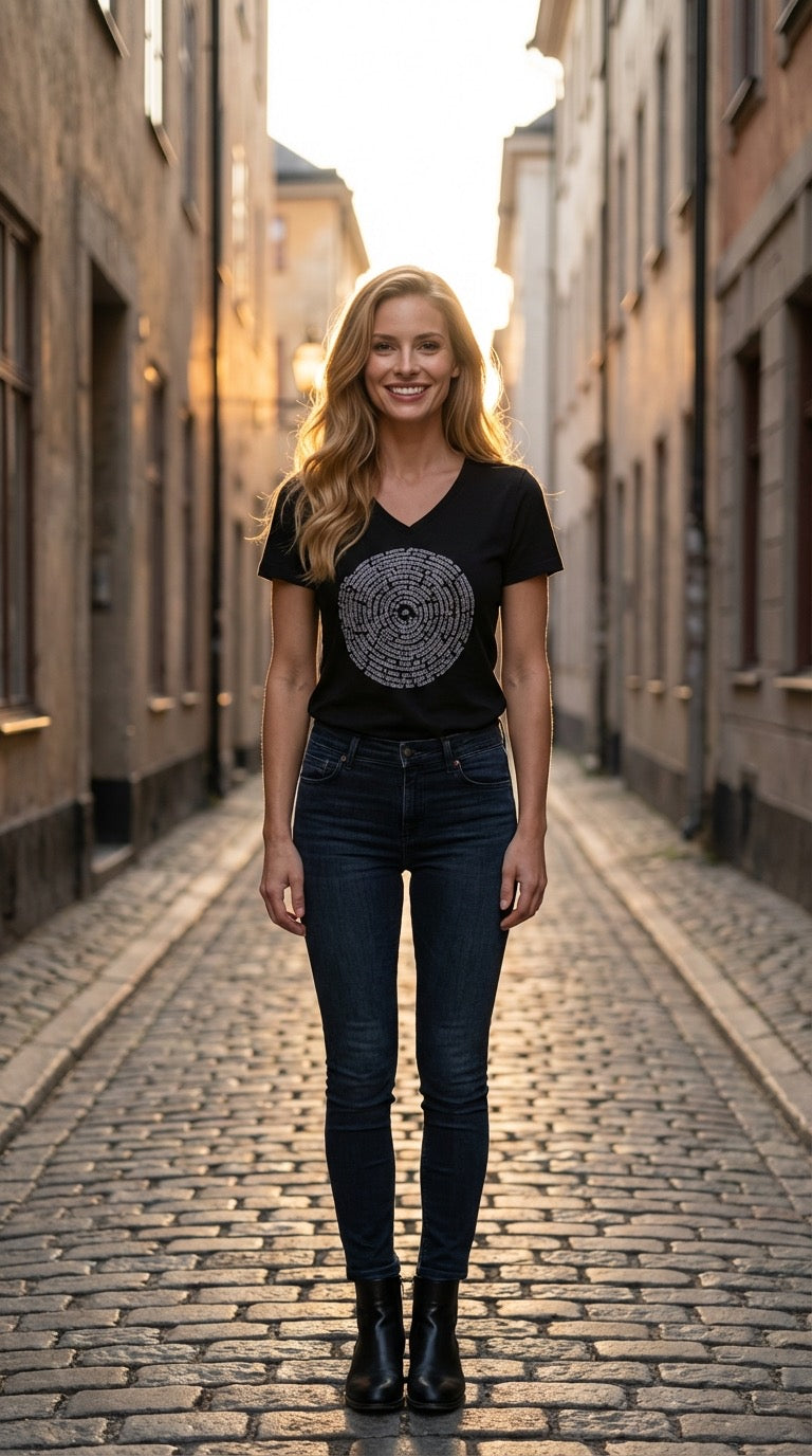 Sanskrit Spiral Women's Cotton V Neck Short Sleeve Tee in Black