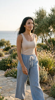 Drawstring Hemp Organic Cotton Wide Leg Pant in Coastal Blue