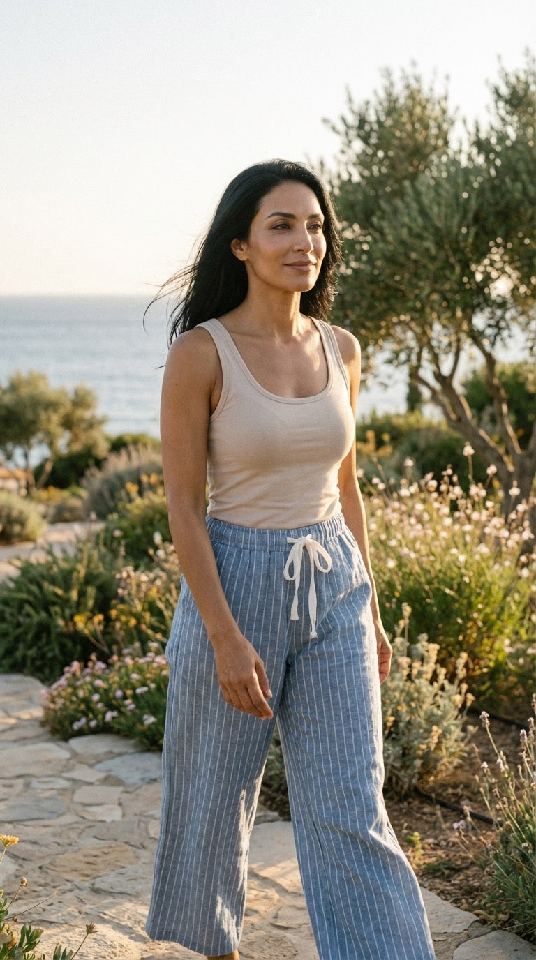 Drawstring Hemp Organic Cotton Wide Leg Pant in Coastal Blue