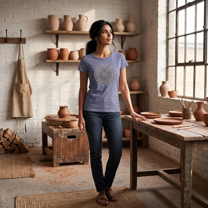 Arriving Soon Mandala Women's Bamboo Organic Cotton Cap Sleeve Tee in Stone Blue