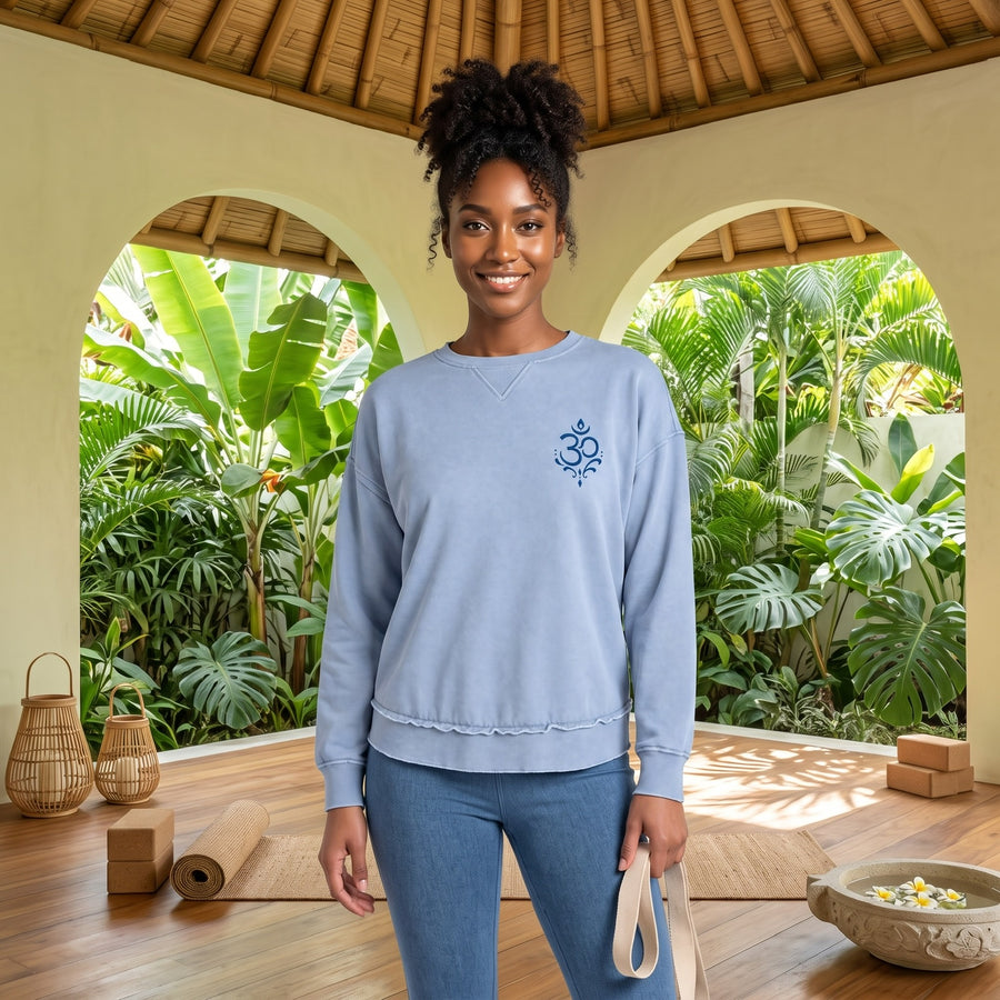 Arriving Soon Swirl Om Embroidered High Low  Women's Sweatshirt in Faded Denim Blue
