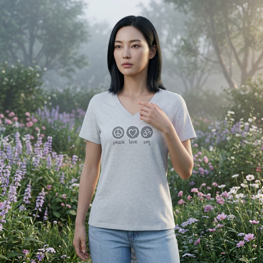 Peace Love Om Relaxed Women's V Neck Short Sleeve Tee In Vintage White