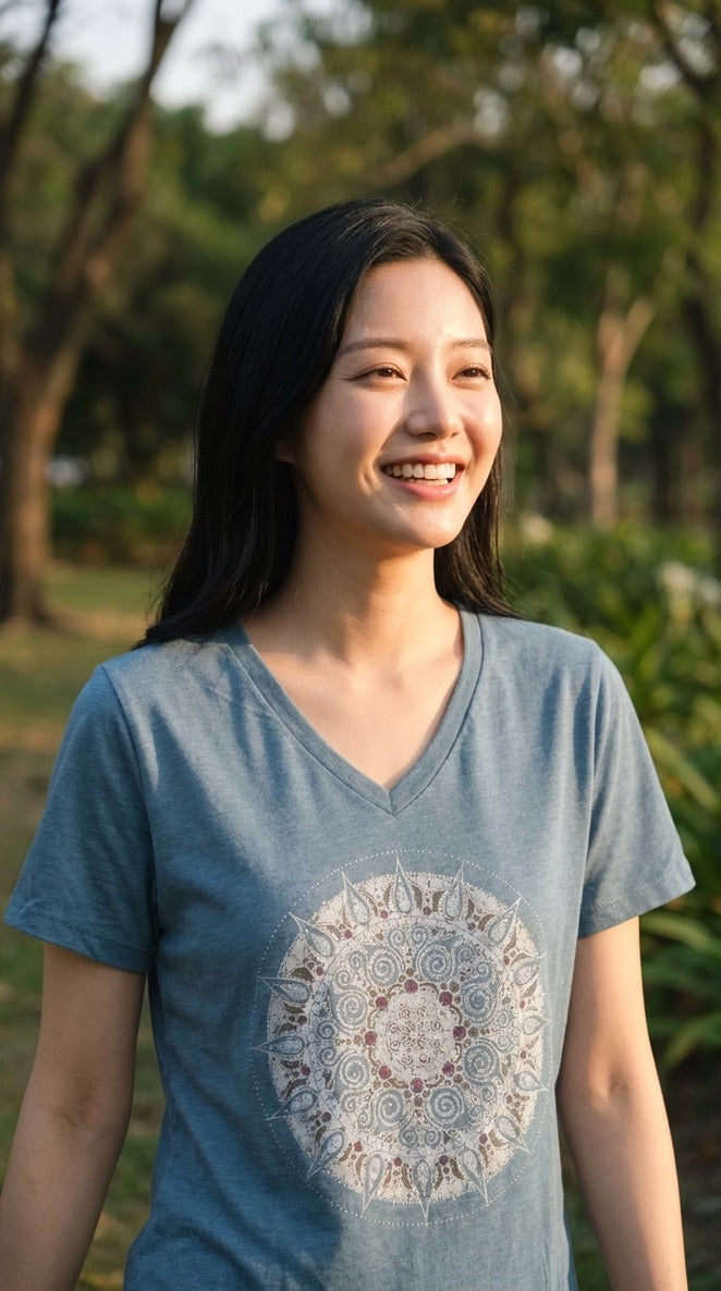 Mandala Women's V Neck Relaxed Short Sleeve Tee in Slate Blue