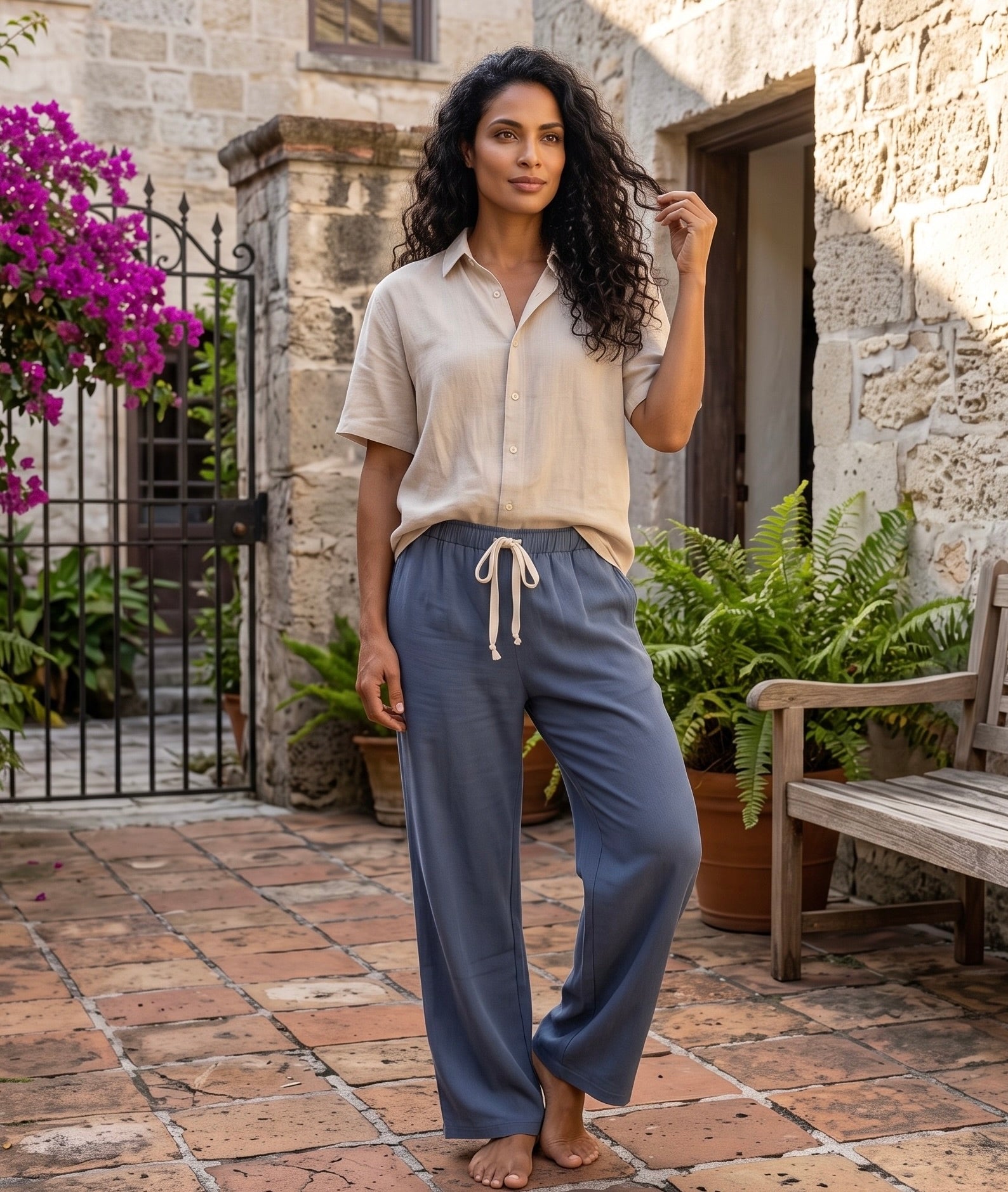 Bamboo Organic Cotton Fleece Unisex Om Lounge Pant in Bluebell Denim