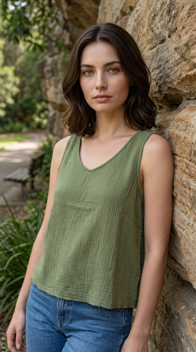 Gauze Easy Tank in Olive