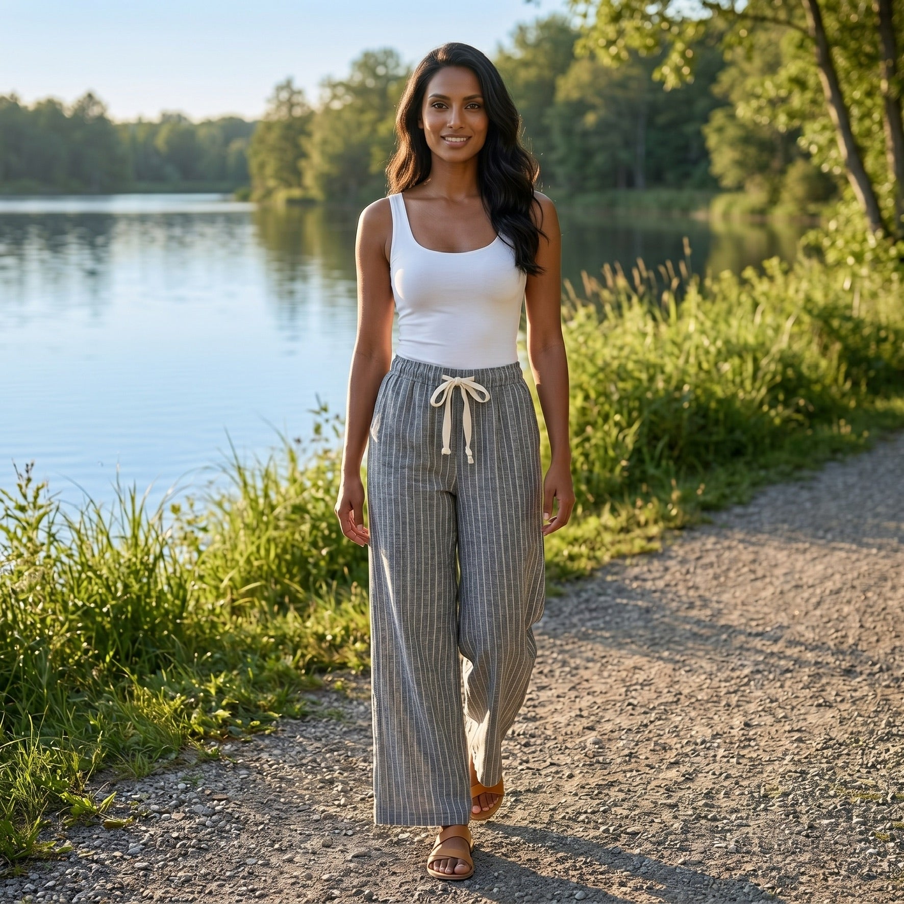 Drawstring Hemp Organic Cotton Wide Leg Pant in Navy Blue