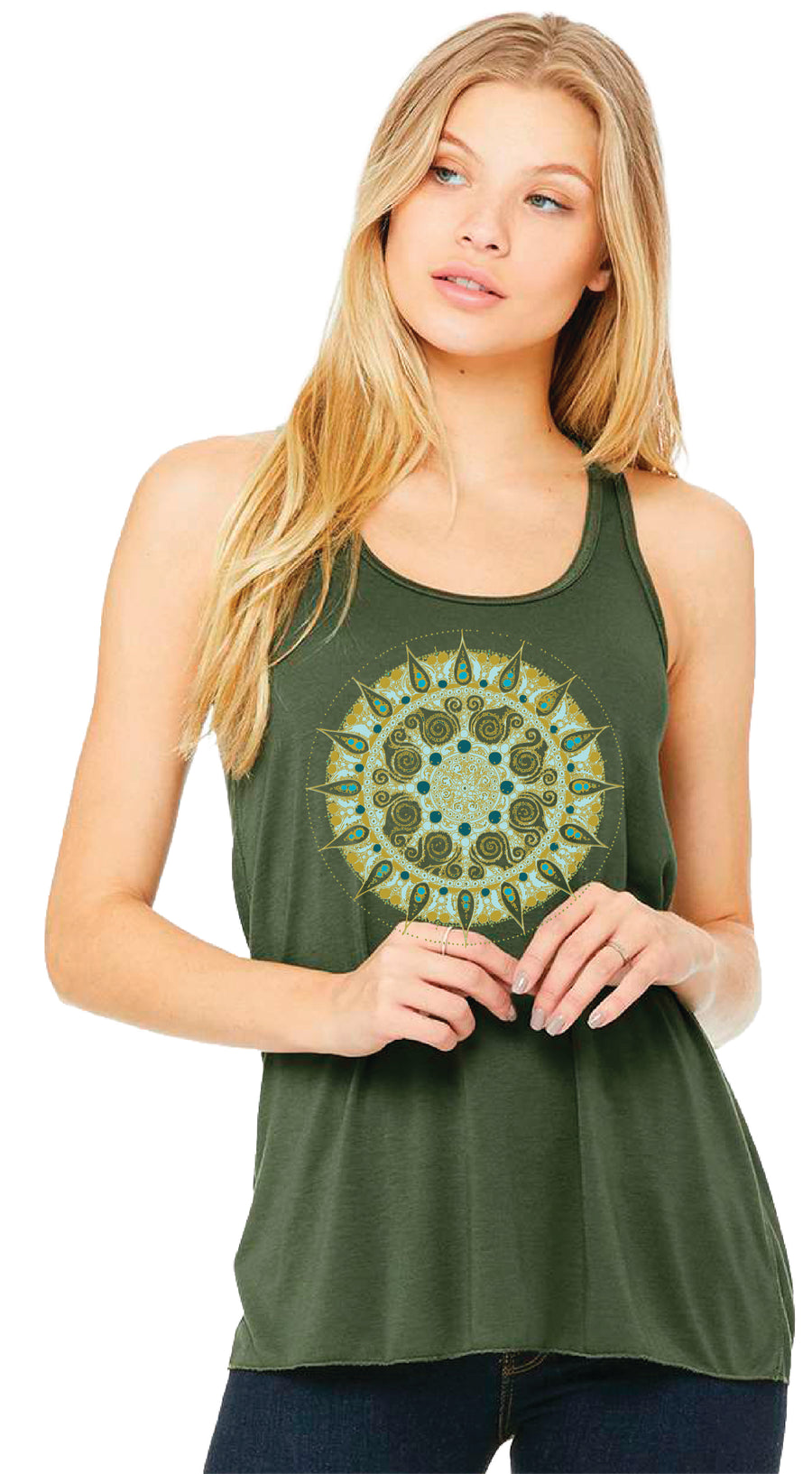 Mandala Women's Racerback Flowy Tank Top in Khaki Green