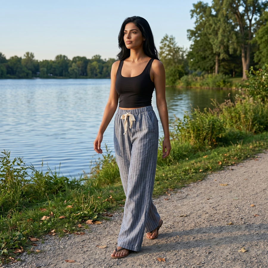 Drawstring Hemp Organic Cotton Wide Leg Pant in Navy Blue