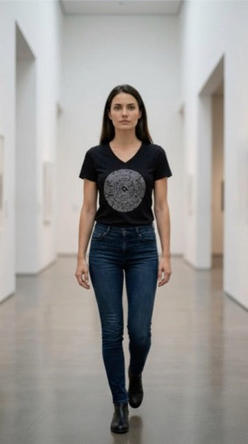 Sanskrit Spiral Women's Cotton V Neck Short Sleeve Tee in Black