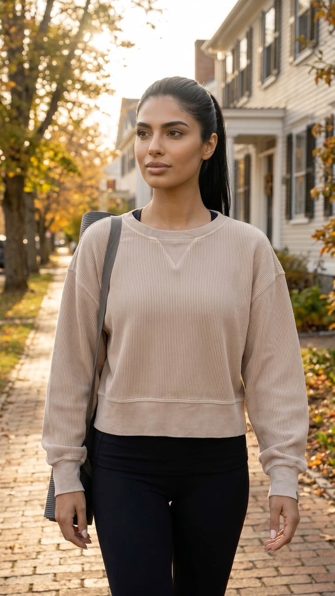 Corded Boxy Women's Sweatshirt in Latte