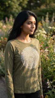 Sanskrit Spiral Women's Bamboo Organic Cotton Long Sleeve Tee in Cypress Green
