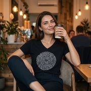 Sanskrit Spiral Women's Cotton V Neck Short Sleeve Tee in Black