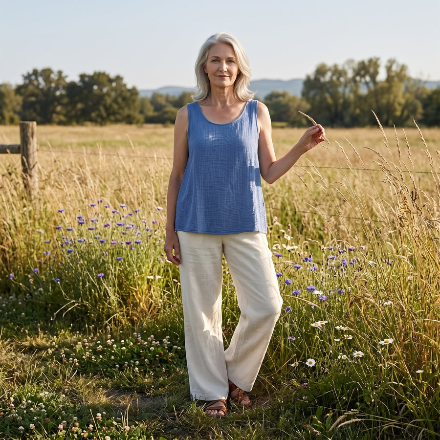 100% Cotton Gauze Easy Loose Tank in Denim Blue