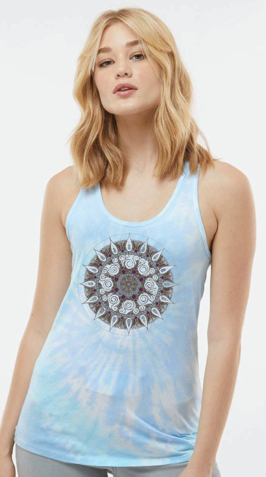 Mandala Women's Racerback Tank in Tie Dye Lagoon Blue