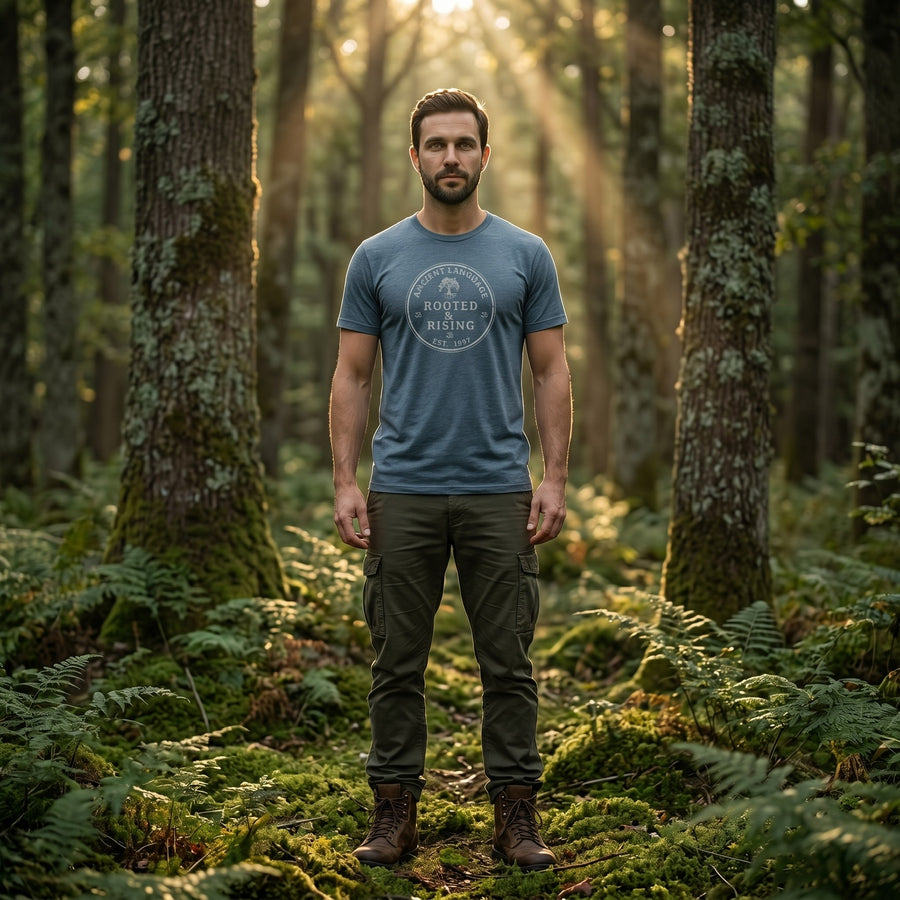 Rooted and Rising Triblend Men's Short Sleeve Tee in Heather Slate Blue