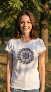 Silver Mandala Women's Bamboo Cap Sleeve Tee in White