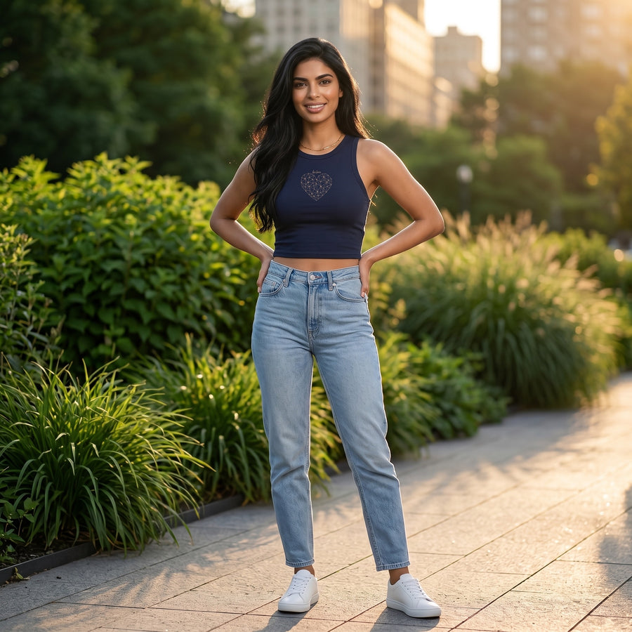 Be Love Diamond Heart Crop Rib Tank in Navy