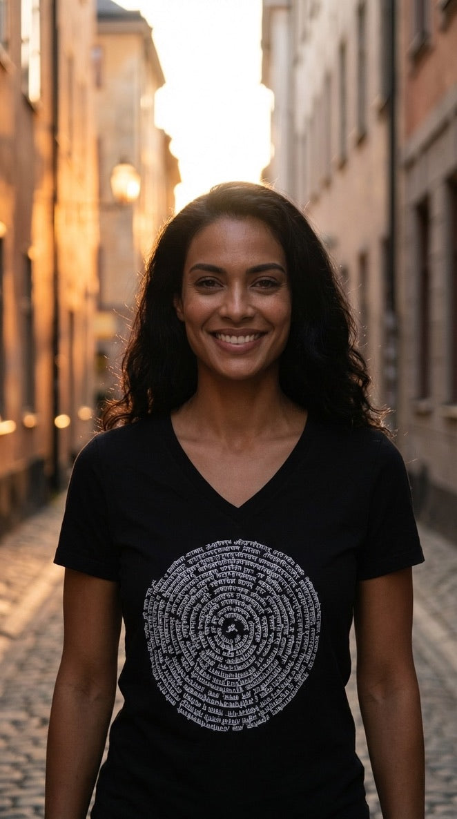 Sanskrit Spiral Women's Cotton V Neck Short Sleeve Tee in Black