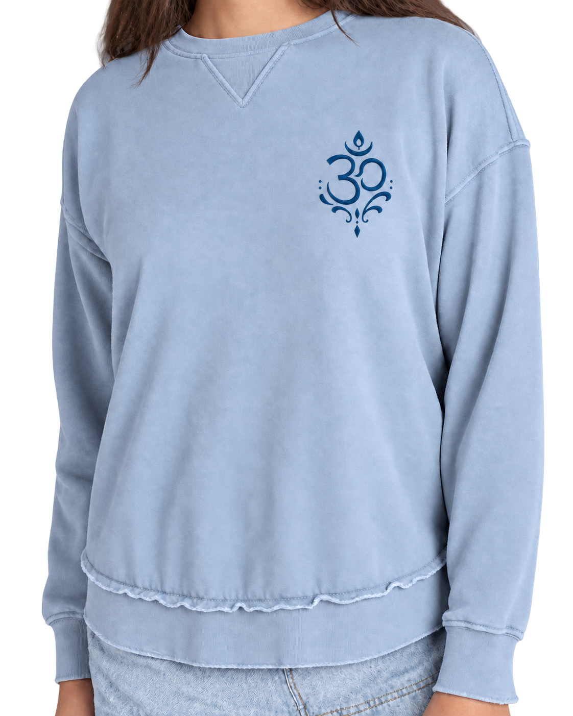 Arriving Soon Swirl Om Embroidered High Low  Women's Sweatshirt in Faded Denim Blue
